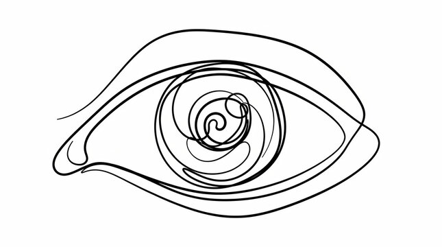 Abstract single line drawing of an eye with a swirling pupil, representing vision and introspection, in a minimalist black and white style against a clean white background.