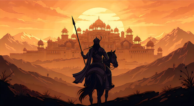 Warrior riding a horse with a spear in front of an ancient castle during a beautiful orange sunset