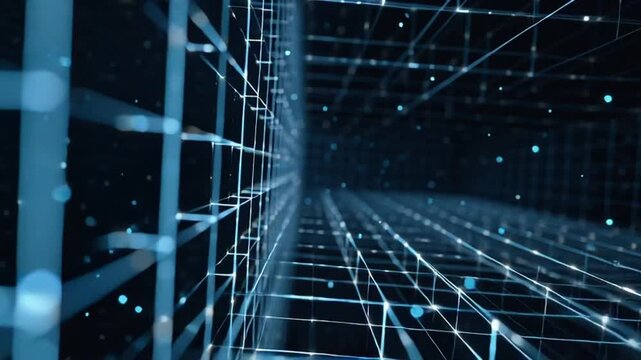 Abstract digital futuristic grid tunnel with blue light particles motion background