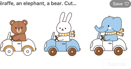 Cute animals driving cars illustration with bear, rabbit, and elephant characters in pastel cartoon style for kids transportation, nursery, and playful design themes © MstKhyrun