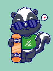 Fototapeta premium Skunk wearing sunglasses holding skateboard.