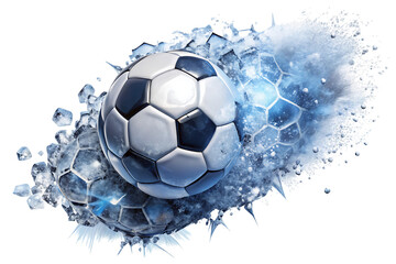 Naklejka premium Soccer ball frozen inside a block of cracked ice, winter sports concept, cold temperature effect, dynamic shattered ice shards and frost particles isolated on a transparent background
