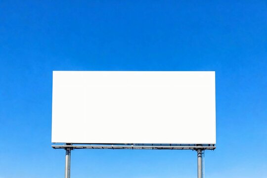 White billboard stands tall against clear blue sky.