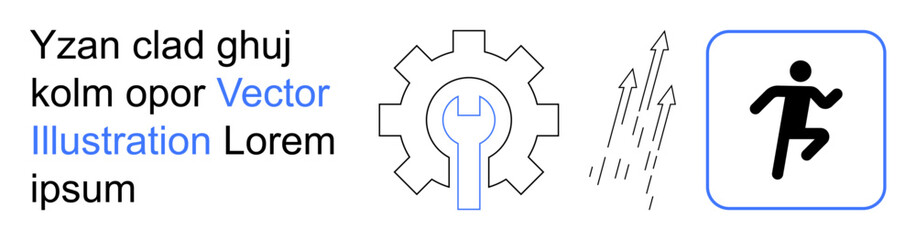Obraz premium Business operations, productivity tools, technology, progress, maintenance, movement. A wrench in a gear, upward arrows and running figure. Business operations and productivity tools concept