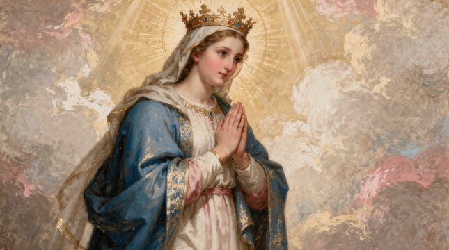 A regal woman with a crown and blue mantle prays against a radiant, cloudy background, symbolizing holiness and devotion in a classical painting style.