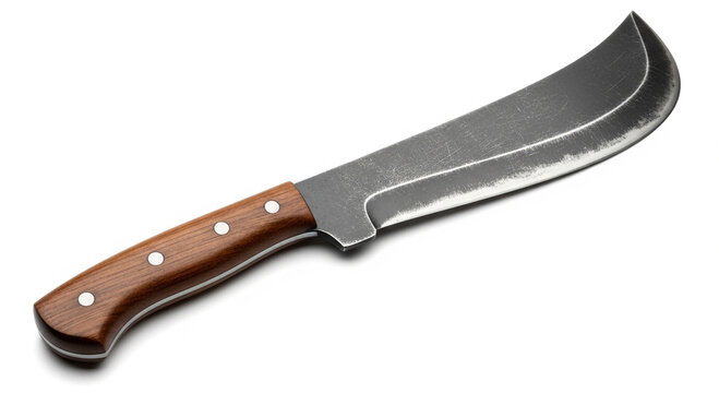 Durable heavy-duty machete with a curved steel blade and ergonomic wooden handle, isolated on a white background for survival and outdoor use.