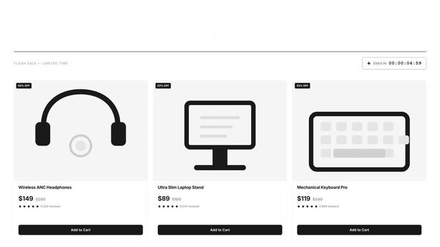 E-commerce website interface showing a limited-time flash sale on electronic products with a countdown timer, modern animation footage.