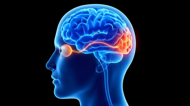 Visual processing in the human brain An illustration showing the optic nerve connecting the eye to the occipital lobe