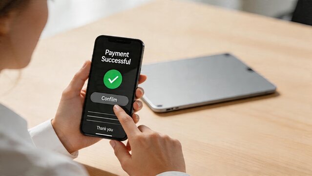 Business woman using smartphone for mobile payment online transaction success with green check mark confirming financial purchase on phone screen ecommerce checkout at wooden desk