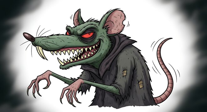 Green cartoon rat with red eyes.