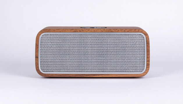 Wooden portable bluetooth speaker isolated on white