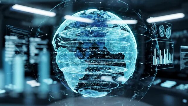 A futuristic digital globe with graphs and data visualizations in a sleek room