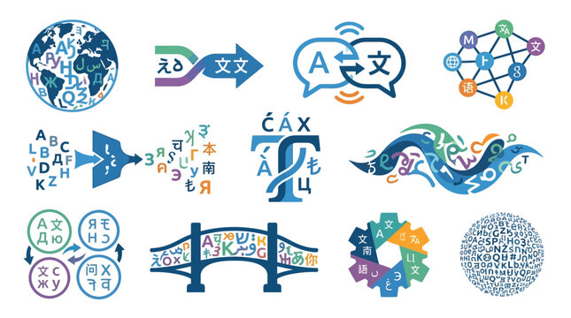 A vibrant collection of graphic elements symbolizing language, translation, communication, and global connectivity through diverse alphabets and symbols.