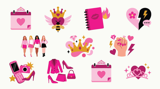 A vibrant collection of pink-themed icons representing fashion, friendship, and iconic pop culture elements.