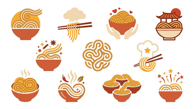 A collection of stylized illustrations depicting various bowls of noodles with chopsticks, representing different aspects of noodle dishes and their preparation.