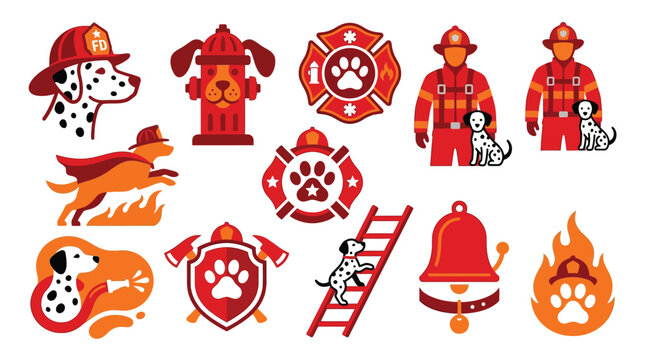 Collection of firefighter-themed icons featuring Dalmatians, hydrants, helmets, and rescue equipment.