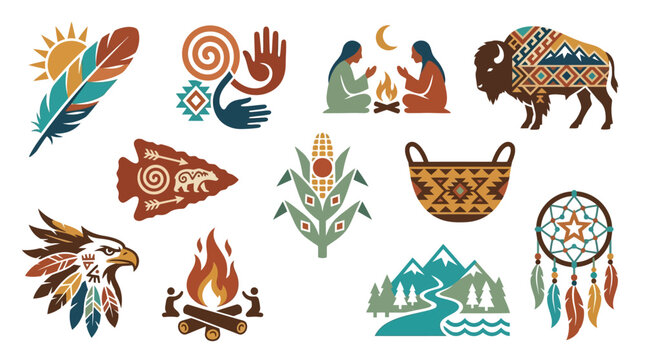 A vibrant collection of Native American , including a feather, handprints, people by a fire, a buffalo, an arrowhead, corn, a basket, an eagle, a campfire, mountains, and a dreamcatcher.