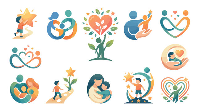 Collection of heartwarming logos and icons symbolizing family, growth, care, and achievement.