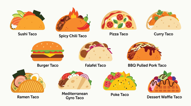 A vibrant and diverse collection of eleven unique taco fusion creations, showcasing culinary innovation and global flavors.