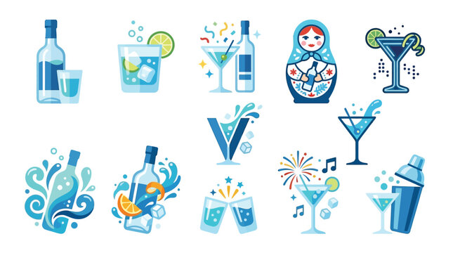 Collection of stylized blue illustrations featuring various alcoholic drinks, bottles, and barware, with a festive and celebratory theme.