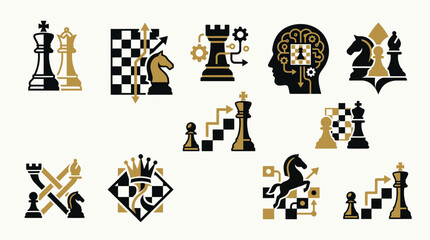 Collection of chess-themed icons representing strategy, intelligence, and competition, featuring kings, queens, knights, pawns, and abstract designs. © tr