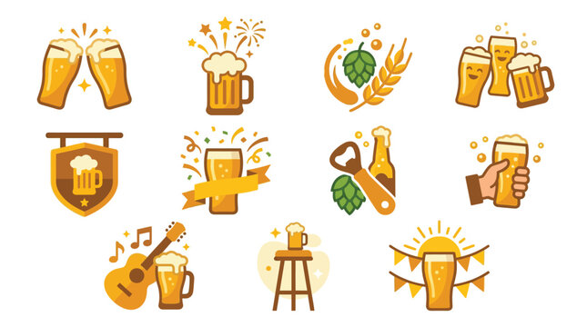 A collection of cheerful and festive illustrations celebrating beer and good times, featuring clinking glasses, music, and celebratory elements.