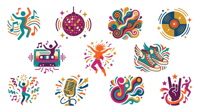 A vibrant collection of retro and modern music and dance-themed graphic elements, including disco balls, cassette tapes, microphones, dancing figures, and abstract swirls.