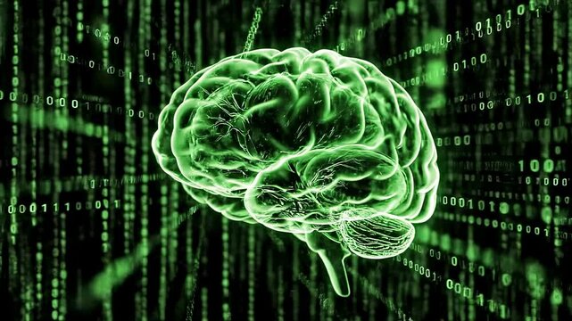 A green-lit brain illustration with a digital background of code