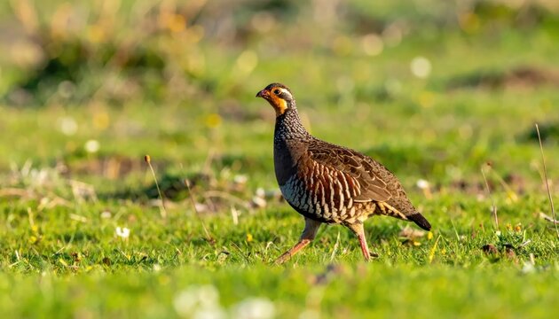 A Single Rock Partridge Bird Walking in a Grassy Field During Daylight.