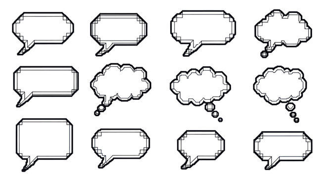 Set of various pixel art speech bubbles and thought clouds.