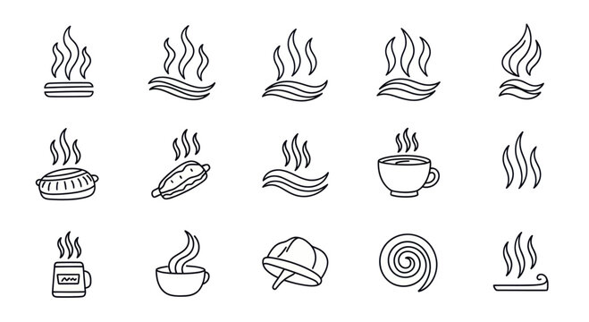 Set of various steam and hot vapor line icons.