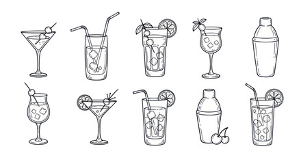 Hand-Drawn Cocktail Collection: Refreshing Drinks and Shakers on White Background © Crit