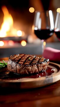 Grilled steak on wooden plate dinner.