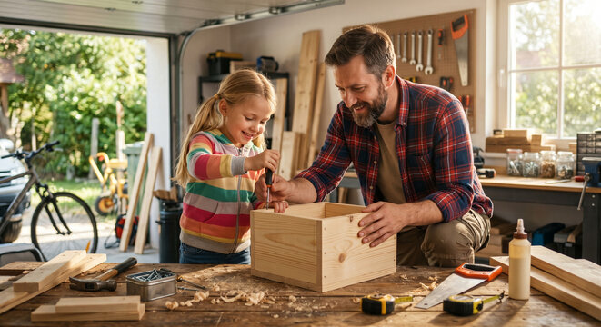 a family father and child in a garage doing woodwork.