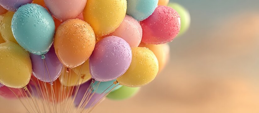 Pastel-colored balloons with water droplets floating against a soft, blurred sky