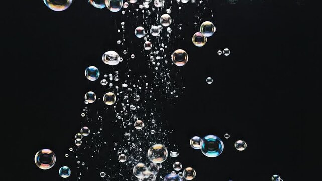 Close-up shot of many transparent bubbles floating in the dark liquid with a black background, creating a beautiful effect