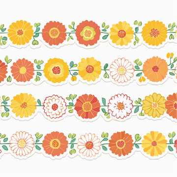 Seamless Floral Borders with Daisies and Sunflowers
