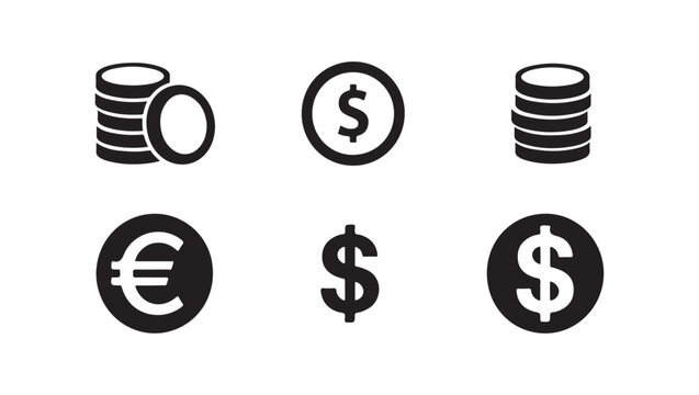 Money coins and currency symbols collection for finance and economy themes.