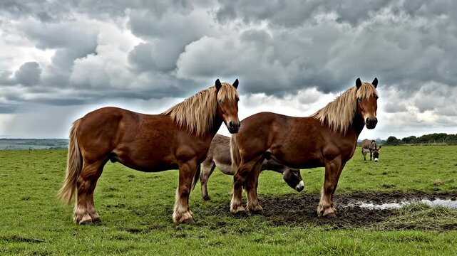 Two brown horses and donkeys in green field on cloudy day