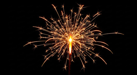 Obraz premium Brightly Burning Sparkler Igniting Golden Fiery Particles Against a Dark Black Background