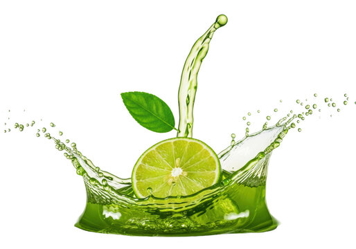 Flawless, emerald persian lime halves explode into a massive splash of neon green, viscous juice and hyper-detailed droplets, high-speed macro photography on white background. Concept for beverage