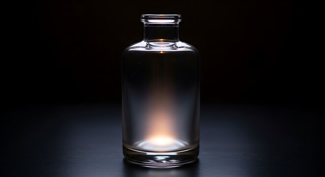 A clear glass bottle on a dark surface with a light reflection
