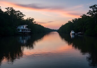 Fototapeta premium Modern house and boat on river at sunset