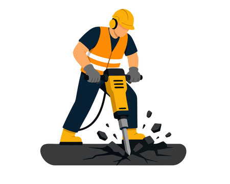 construction worker using jackhammer vector illustration
