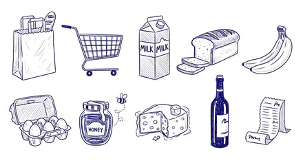 Grocery shopping cart with food items. © Shalahuddin