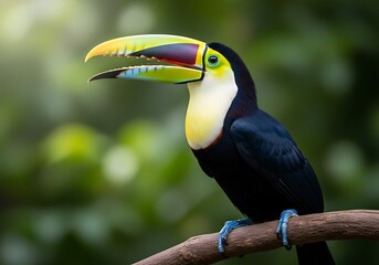 Naklejka premium Toucan perched on a branch with beak open