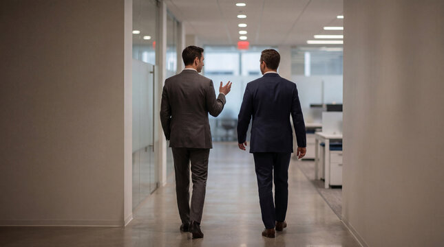 Two business professionals walking and discussing in a modern office hallway with natural lighting