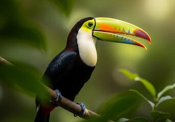 Naklejka premium A toucan sits on a branch with its beak open in a lush forest