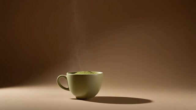 Steaming mug of green tea on a brown background, suitable for wellness blogs, tea shop promotions, or relaxationthemed designs.