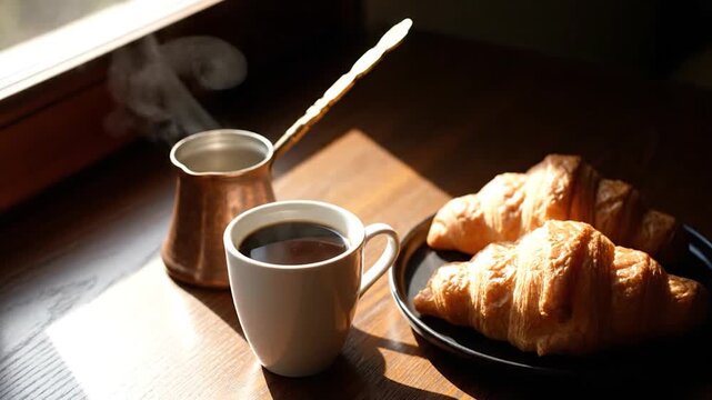 A cup of hot coffee with a croissant on a wooden table near a window with sunlight shining through, creating a cozy atmosphere